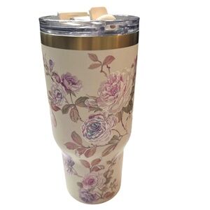 Hydrapeak Stainless Steel Tumbler Cream Floral w. Straw PBA Free Holds 24 fl oz